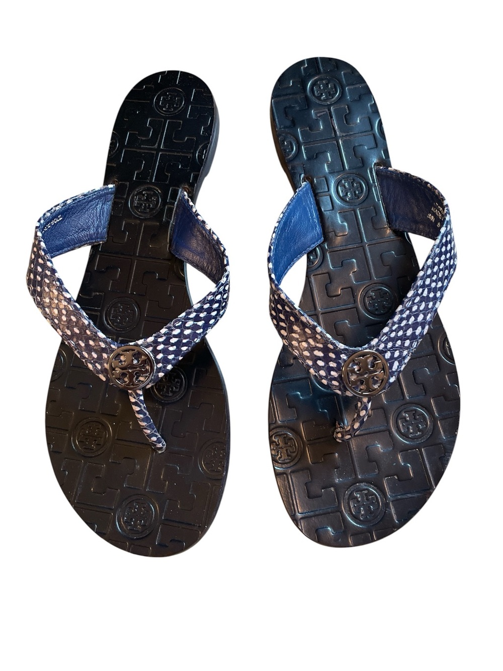Tory Burch Navy & White Snakeskin Sandals with Peeter Medallion